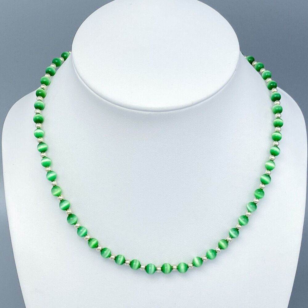 Green Cat's Eye Beaded Necklace | Sterling Silver 925 | 16-17.5"